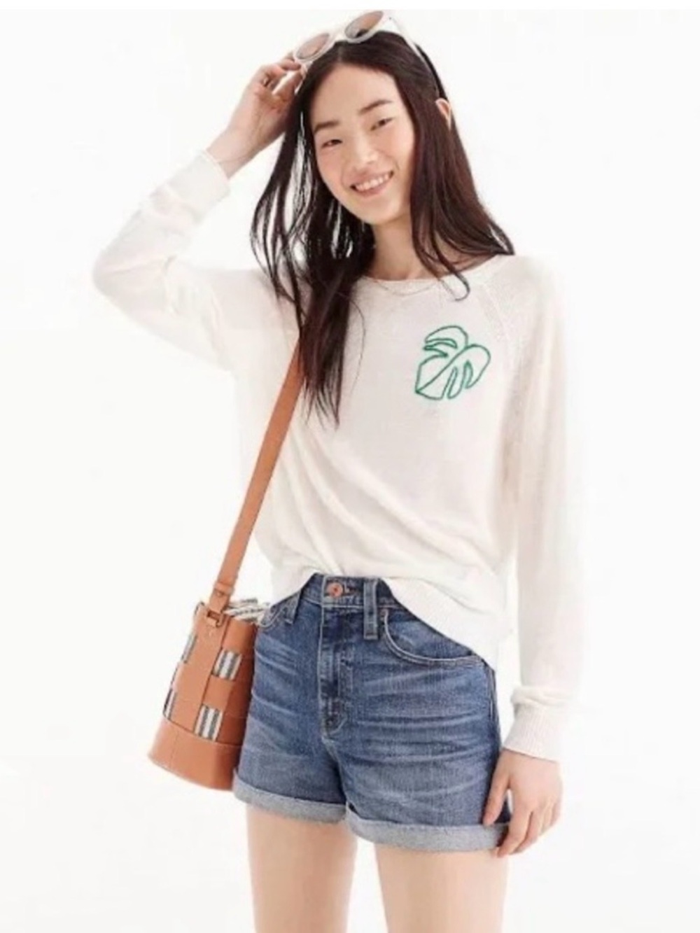 J. Crew Linen Blend Monstera Leaf Embroidered Sweater Ivory Sz M